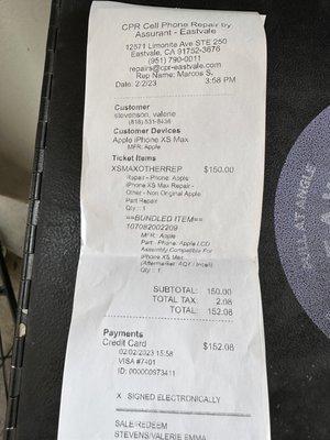 My receipt charging me more than we talked about. Should have been 1/2 of $169!