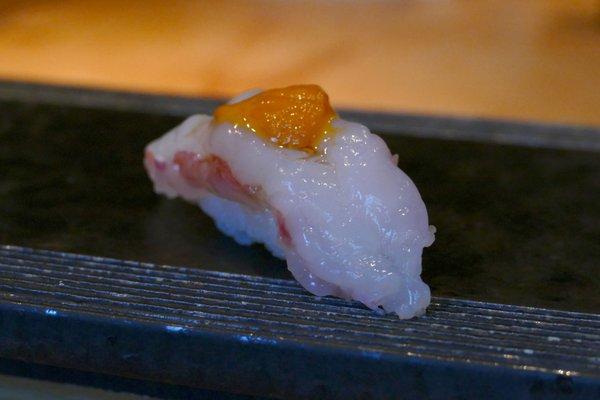 Botan shrimp with uni on top. (Both from Hokkaido)