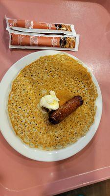 Blue Corn pancake and sausage link (2 tubes of syrup)