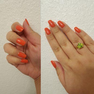 Squoval shape with a coral orangey pink color. Thank you again Amy for doing such a lovely job.