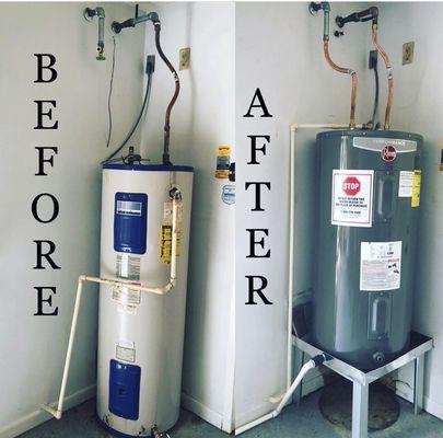 Water heater, garage install before and after. 
Water heaters typically last 8-10 years before leaking or having issues.