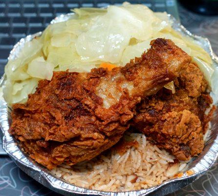 Fried Chicken, Steamed Vegetables, with Beans and Rice: $12.