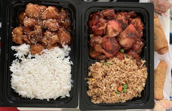 Sesame chicken lunch w/ rice, bourbon chicken lunch w/ dark rice. Egg rolls.