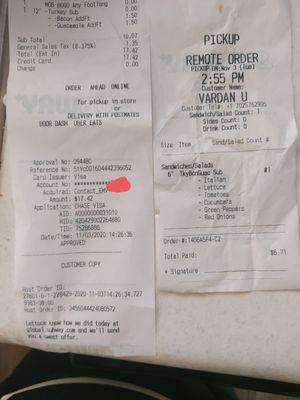 Receipt showing he charged us for having the ingredients that COMES with the sandwich