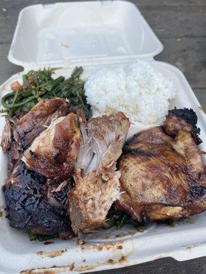 Pork and chicken bbq with rice and salad