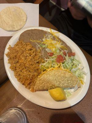 Beef tacos with rice and beans