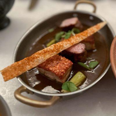 HAY AGED PORK LOIN vindaloo, crispy pork belly, charred leek