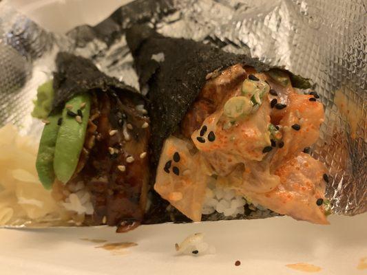 Spicy hamachi hand roll & Unagi Hand Roll