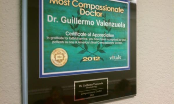 Most Compassionate Doctor award from 2012.