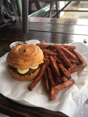 TCB burger with sweet potato fries.