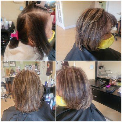 Gray coverage and highlights with a nice shag haircut