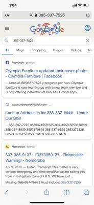 Olympia Furniture shared same phone as fraud handy man Ivan flores.