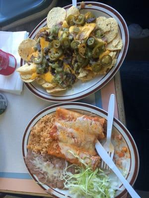 REALLY good enchiladas! And the nachos are decent. Also everything was only 16 dollars!