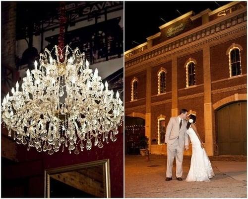 Gorgeous chandelier in the parlour. Me and my husband outside the lighted building.