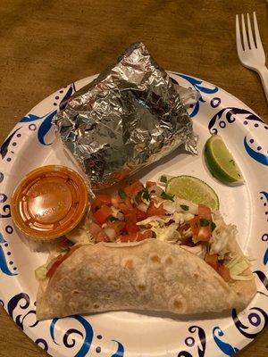 Fish taco and carne asada burrito