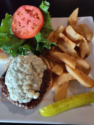 Steak burger with gorgonzola cheese.