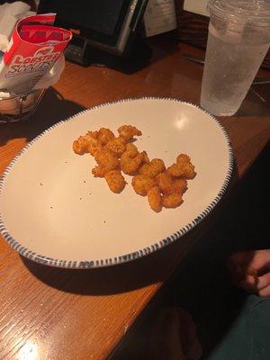 The actual popcorn shrimp order my kid waited an hour for immediately after it hit the table.