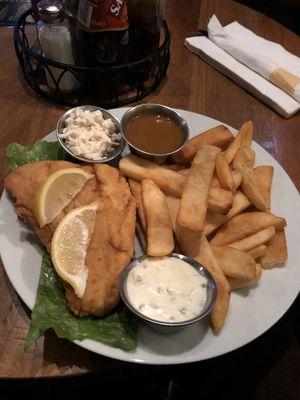 Fresh atlantic Cod with steak cut fries side of tartar, Coleslaw & curry sauce :)