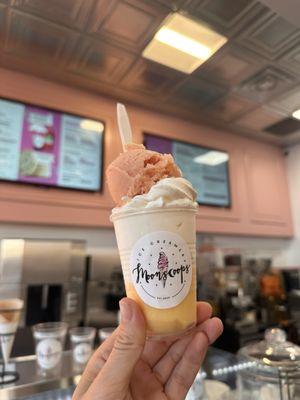 Double trouble w/ pineapple mango (bottom), classic vanilla soft serve, & guava (top)