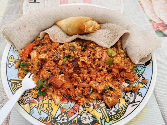 Ethiopian style breakfast &veggie sambosa on side