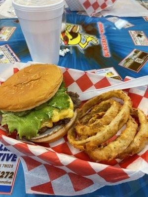 Burger and Onion rings.