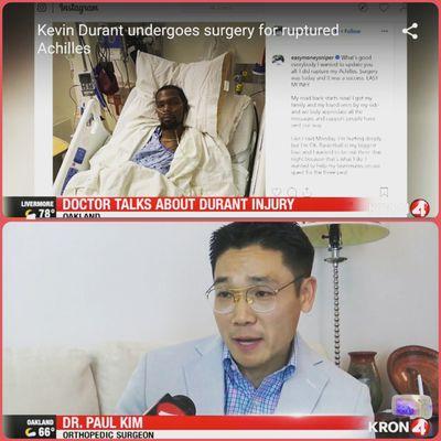 Dr. Paul Kim featured on KRON4 news discussing Kevin Durant's Achilles injury in Game 5 of the NBA Playoffs.