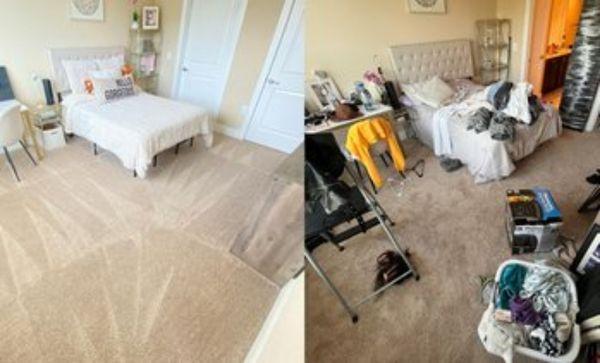 Before and after pictures of a carpet and bedroom cleaning we did