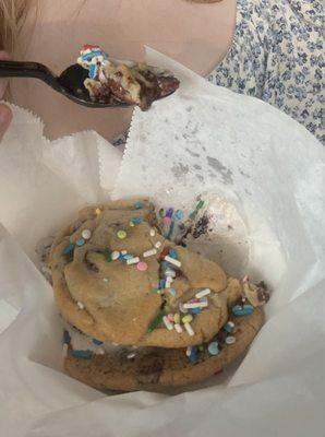 Chocolate chip cookie ice cream sandwich with sprinkles!  The cookies were warm and gooey!