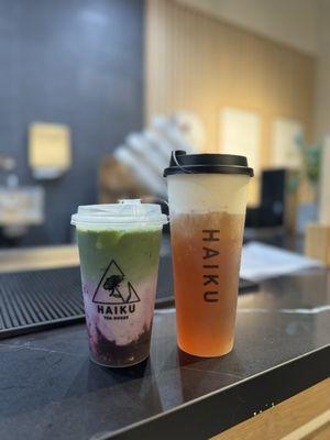 Blueberry Matcha Latte & White Peach Oolong tea w/ cheese foam