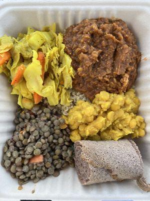 Tikil Gomen, Misir Wot, Ater Kik, Injera, Lentil Salad