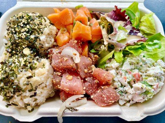 Ponzu salmon, Hawaiian poke, broccoli crab salad. Yum!