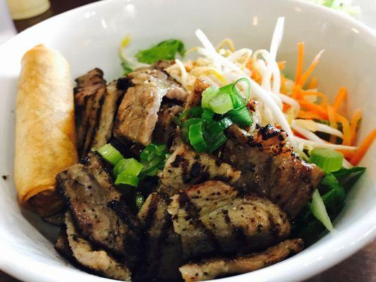 Vermicelli bowl with grilled pork and eggroll (low carb with no noodles).