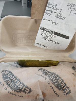 no pickle on receipt, yet received pickle