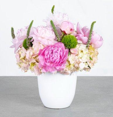 Sophia - Soft and Beautiful arrangement of pastel pinks, whites and touch of green. Designed w/ peonies, green trick, hydrangea in a 6" vase