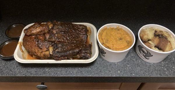 Ribs, whipped sweet potatoes, bread pudding