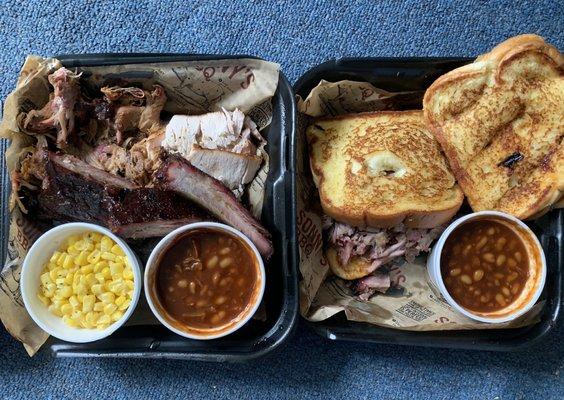 Big Deal chopped brisket. Three meat combo (ribs, turkey, pulled pork). Corn, couple bbq beans. Bread.