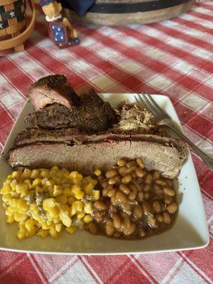 Ribs, pulled pork, brisket, bbq beans, cowboy corn...