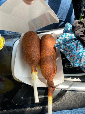 Cheese on a stick and an all beef hot dog on a stick