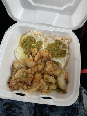 2 Eggs Any Style with verde salsa and potatoes