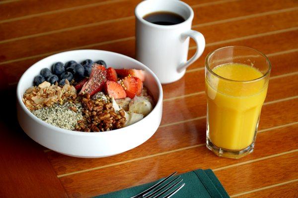 Steel-Cut Bruleed Oatmeal, topped with all the goodies! Come try, Open at 7am Daily.