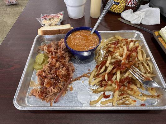 Pulled pork, with fries and Brunswick stew.