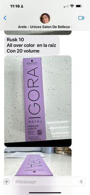 This is a messages that the owner sent me with the photo of the hair color they use at her salon.