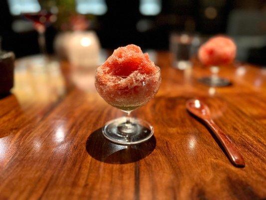 Strawberry shaved ice and cucumber sorbet