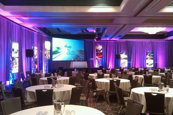 Drapery setup with lighting and rigging for sales kick off.