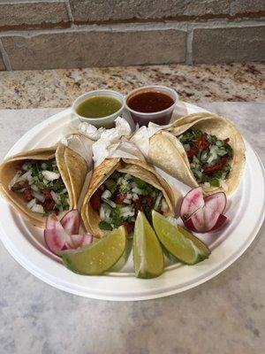 Tacos  pollo(seasoned chicken),carne asada(grilled beef),carne enchilada(spicy seasoned pork),carnitas(braised pork),chorizo(Mexican sausage