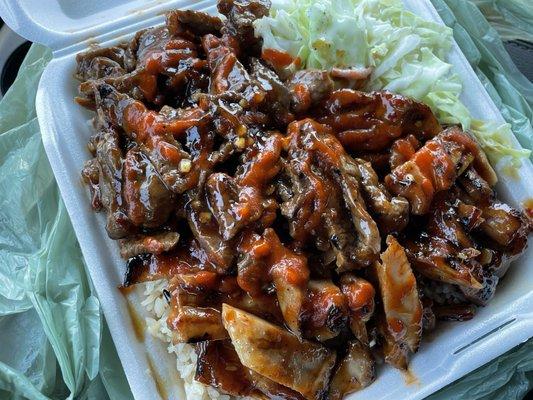 Spicy Chicken & Beef Teriyaki w/Brown Rice & Salad. Added extra sauce on top.