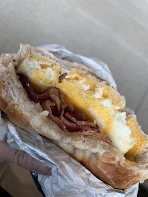 Bacon, cheese, egg breakfast bagel. $5.99