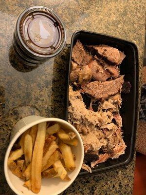 Meat sampler  Brisket Pulled pork And fries   It's good, brisket is really good would recommend!