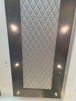 Beautiful diamond double stich for a guests garage lighting panel, Above his car lifts. 160" long by 54" wide.