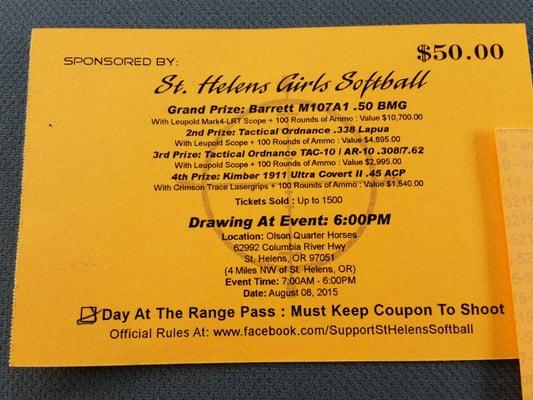 Raffle tickets available for St. Helens Girls Softball. Drawing 8/8/2015. To my out of state yelp friends..yes this is real. :)